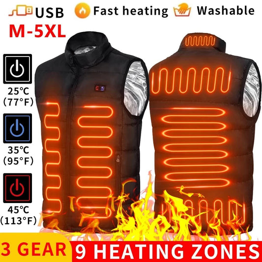 Unisex 9-Zone Heated Vest – Graphene Electric Jacket for Winter Sports, Camping & Outdoor Wear (USB Powered)